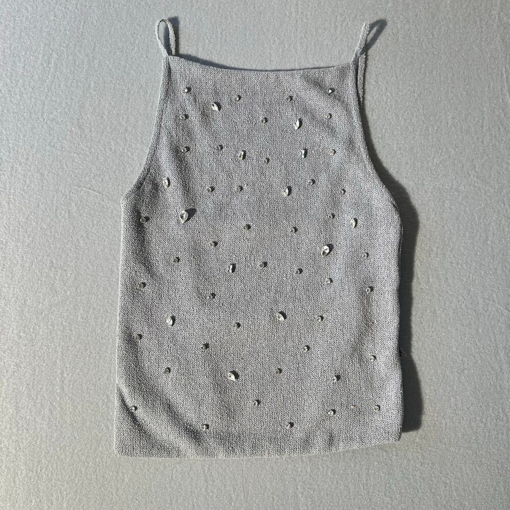 Zara Gray Rhinestone Knit Cami Top Women's Small Y2K Sparkle